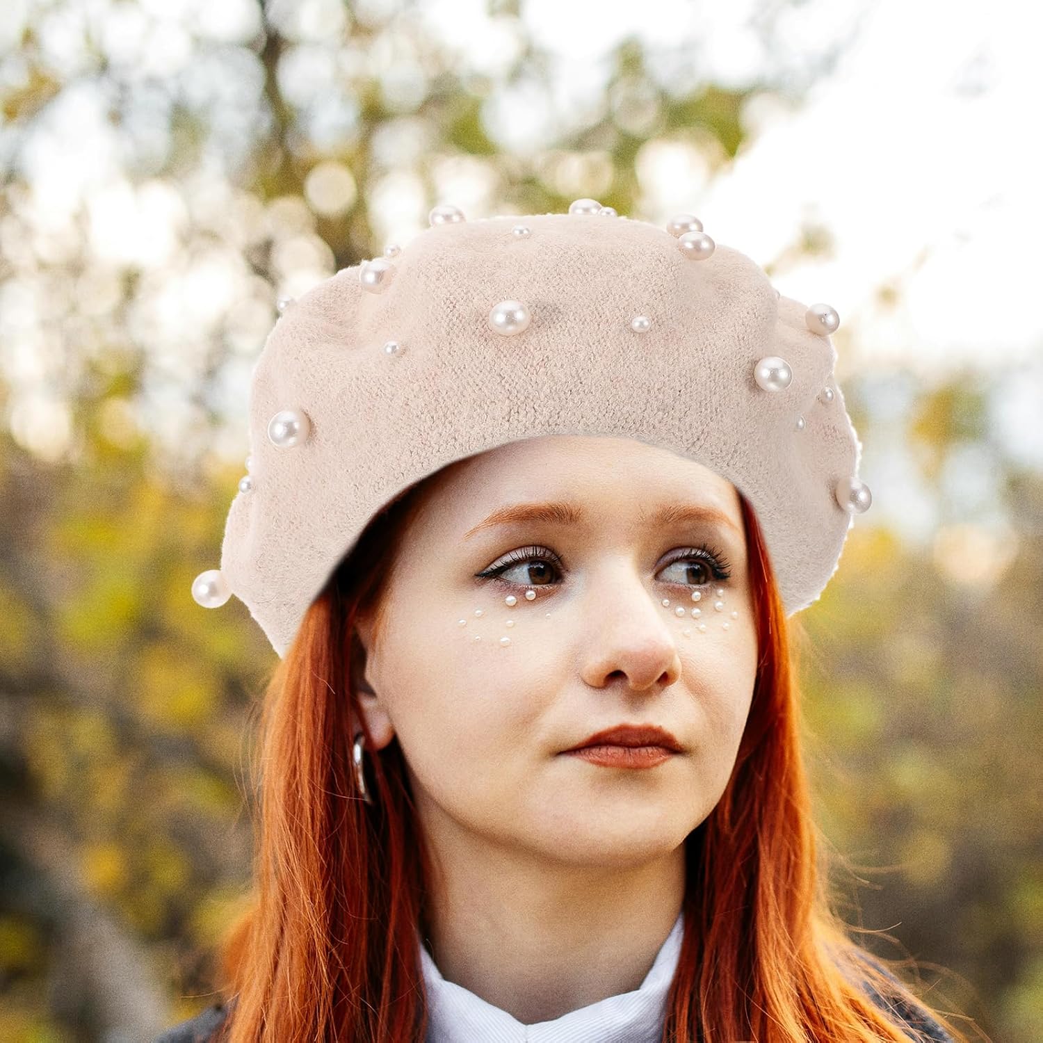 Beret Pearl Autumn Winter Cashmere Starry Beaded Wool Beret Beige V148989