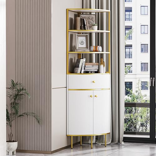 Modern Tall Corner Cabinet with Storage, White and Gold Metal Frame M43487