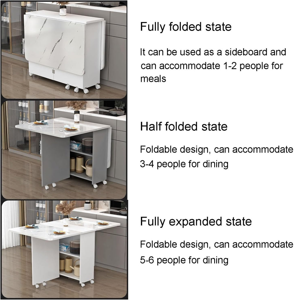 Extendable Drop Leaf Folding Dining Table with Wheels and Storage Shelf Y74446