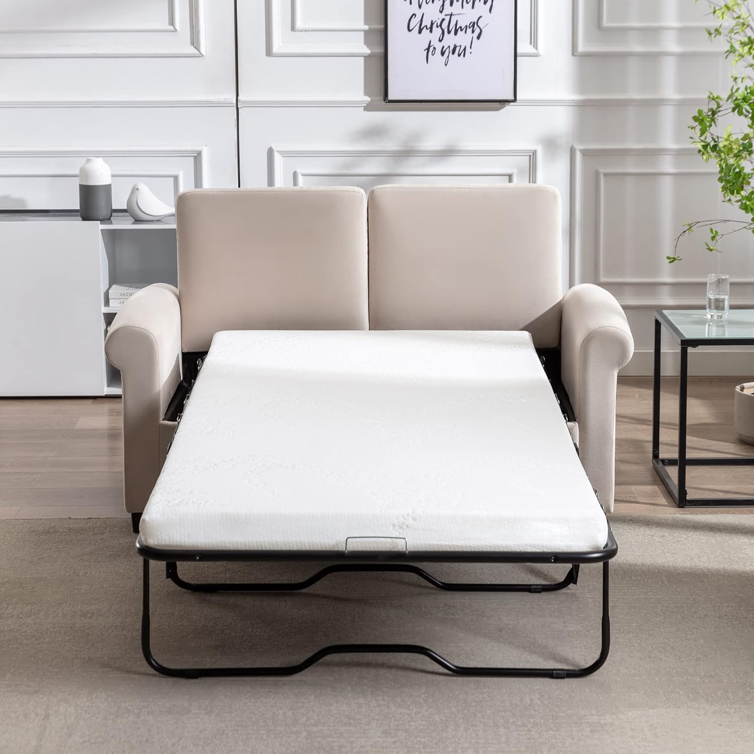 58.3" Pull Out Sofa Bed with Twin Mattress Pad, 2-in-1 Loveseat Sleeper, Beige White Y747