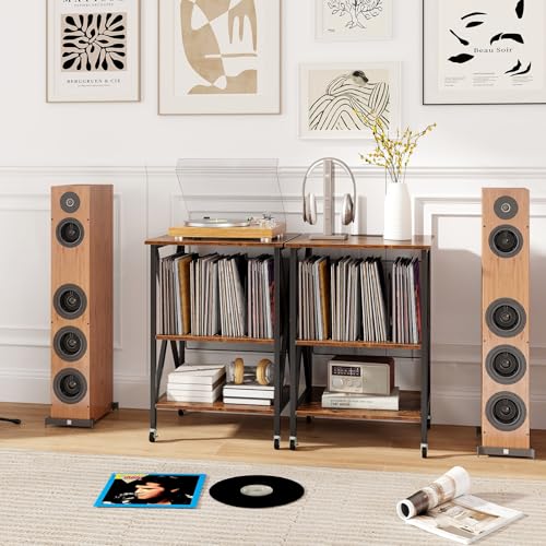 Giantex Record Player Stand with Charging Station, Vinyl Storage Table, Rustic Brown B590639