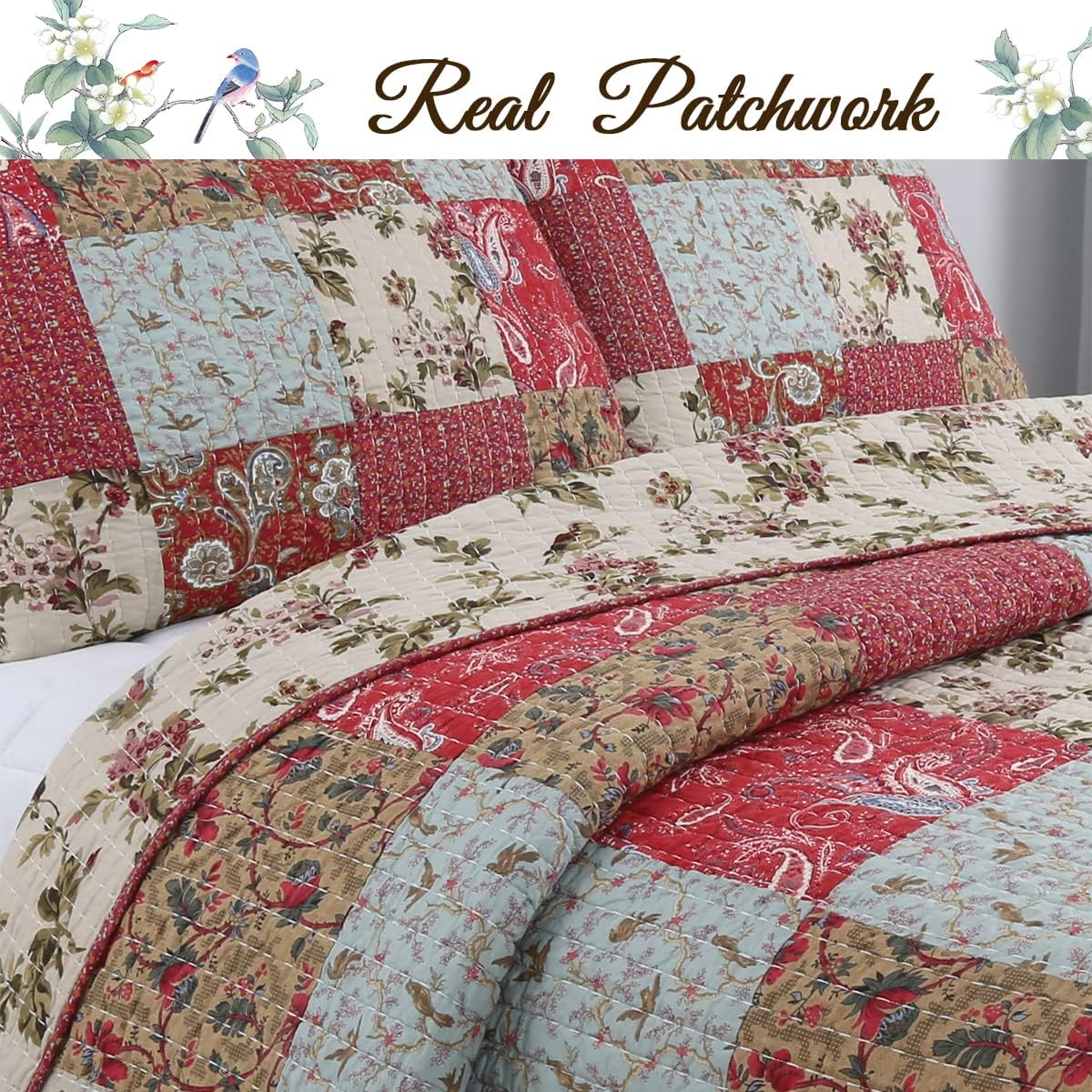 Cozy Line Home Fashions Adeline Red Teal Khaki Floral Cotton Reversible Coverlet Bedding Set Queen U44928