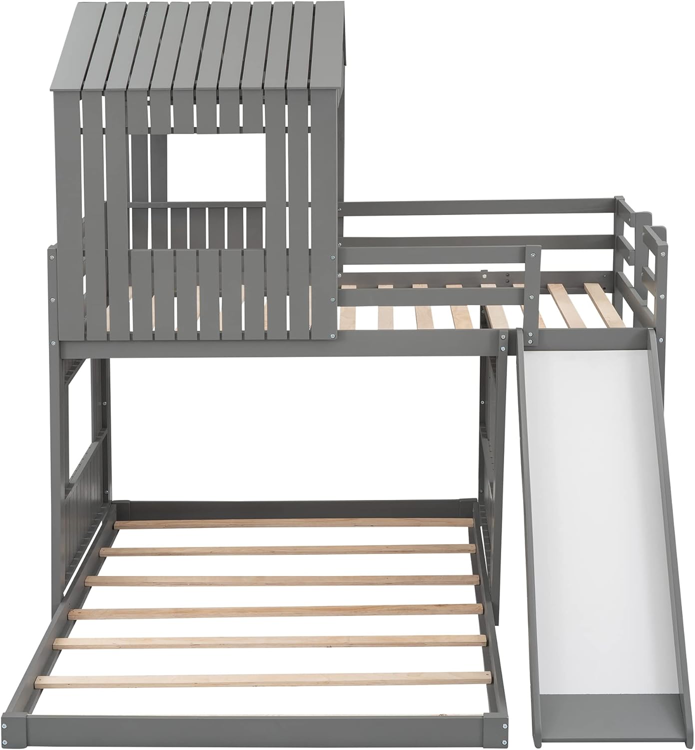 Twin Over Full Wood Bunk Bed with Ladder, Slide and Guardrails, Gray D3749