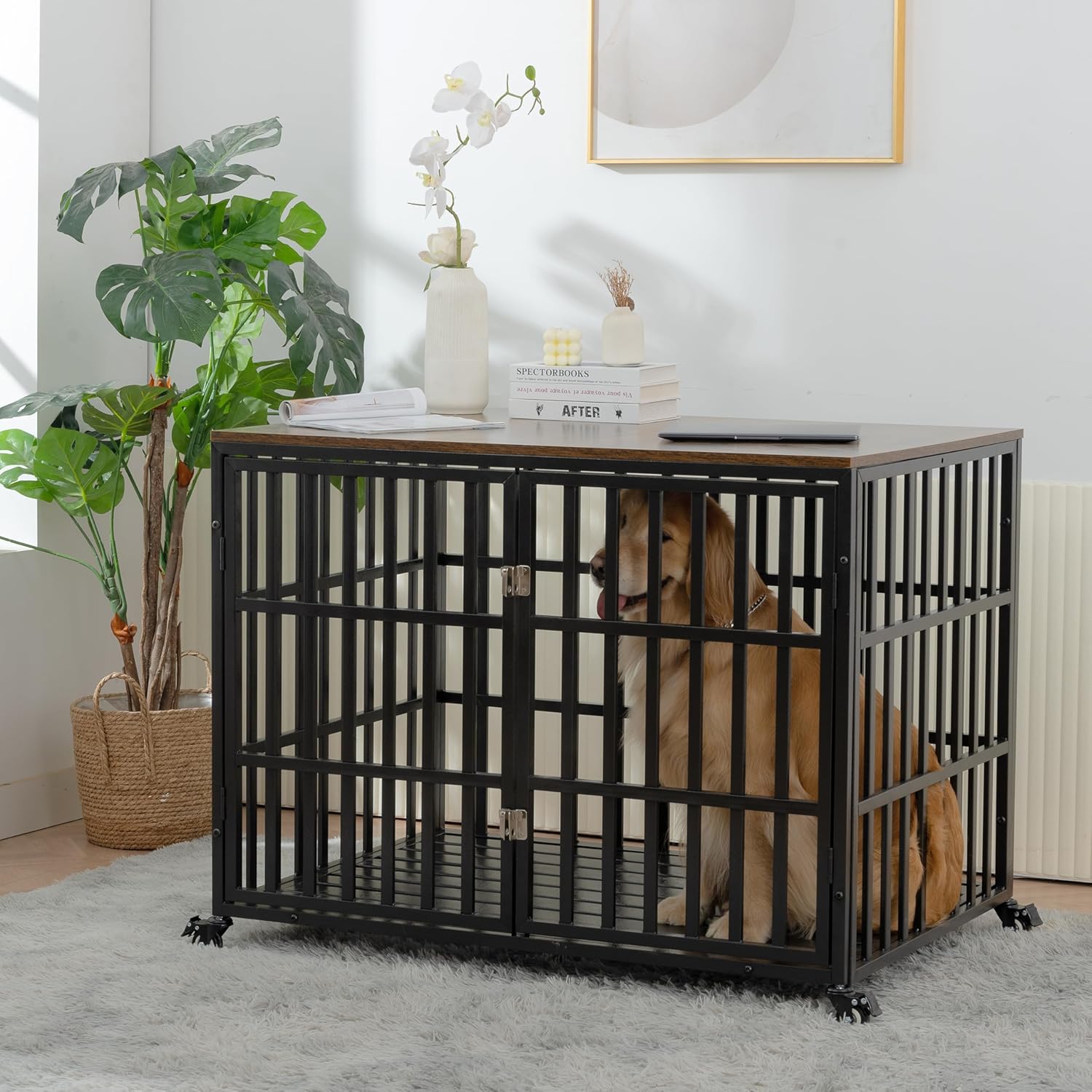 Heavy Duty Dog Crate for Large Medium Dogs with Lockable Wheels T450
