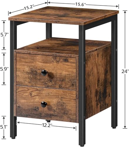 HOOBRO Nightstand, End Table with 2 Drawers and Storage Shelves, Rustic Brown and Black Y607661