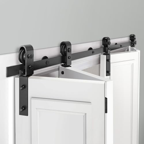 72"/6FT Bi-Folding Sliding Barn Door Hardware Track Kit for 4 Closet Door, Side Mount Roller, Heavy Duty, Slide Smoothly Quietly, Easy Install, Black(No Door)