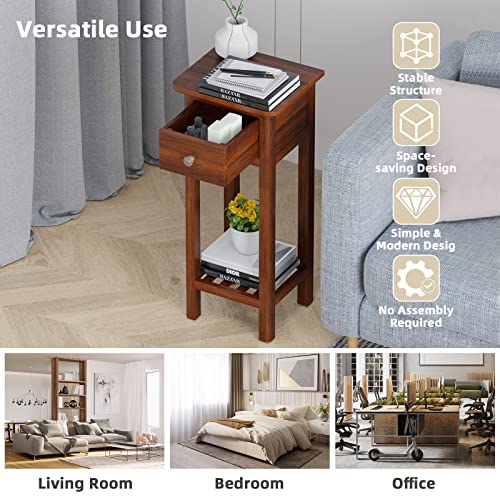 GORELAX Narrow End Table, Tall Nightstand with Drawer & Shelf, Anti-Tipping Device, White X723