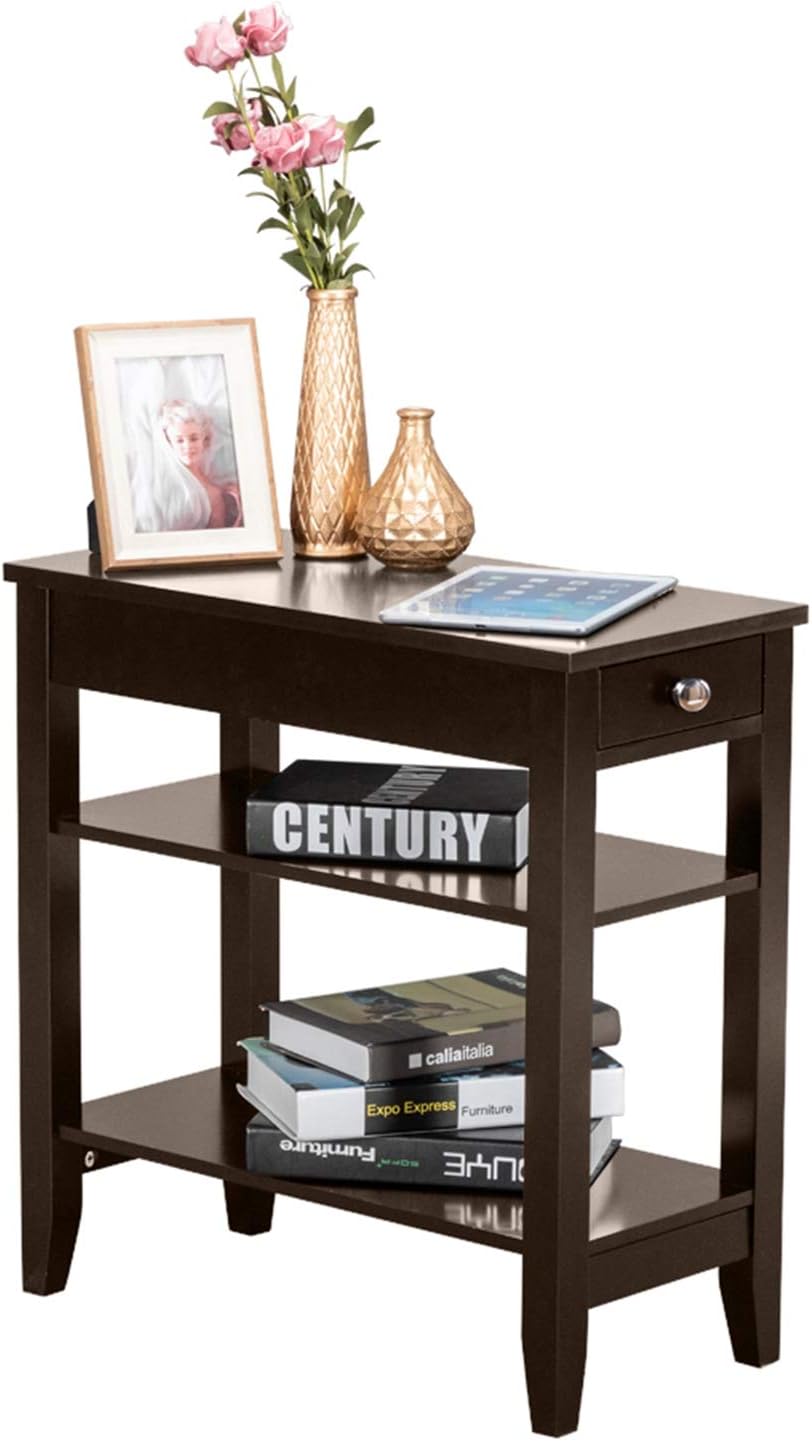 Brown End Table with Drawer and 2-Tier Storage Shelves T491