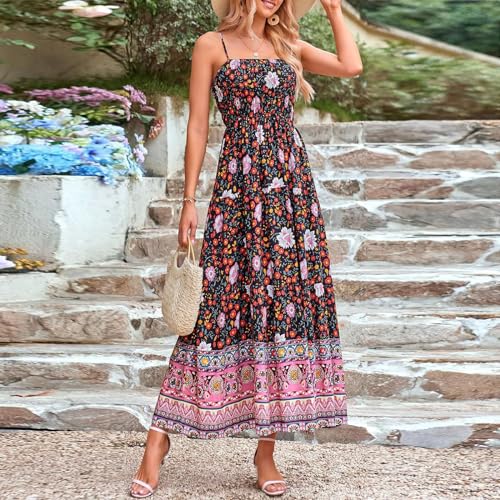 Women Spaghetti Strap Colorful Graphic Maxi Dress U970610