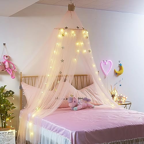 Princess Bed Canopy with Lights Mosquito Net for Girls Adults Blue Q92458