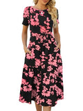 Lyrur Women's Dresses Casual Summer Tiered Midi Dress Short Sleeve Belted Ruffle Babydoll Boho Sundress with Pockets