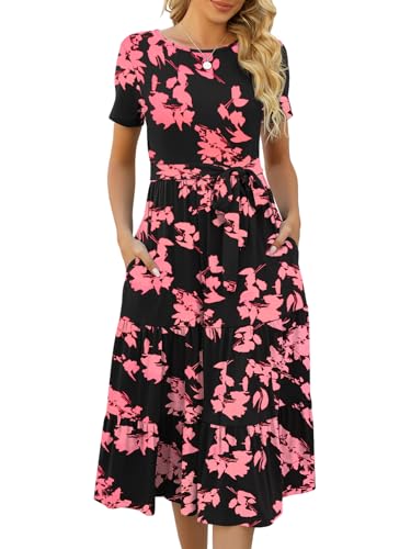 Lyrur Women's Dresses Casual Summer Tiered Midi Dress Short Sleeve Belted Ruffle Babydoll Boho Sundress with Pockets