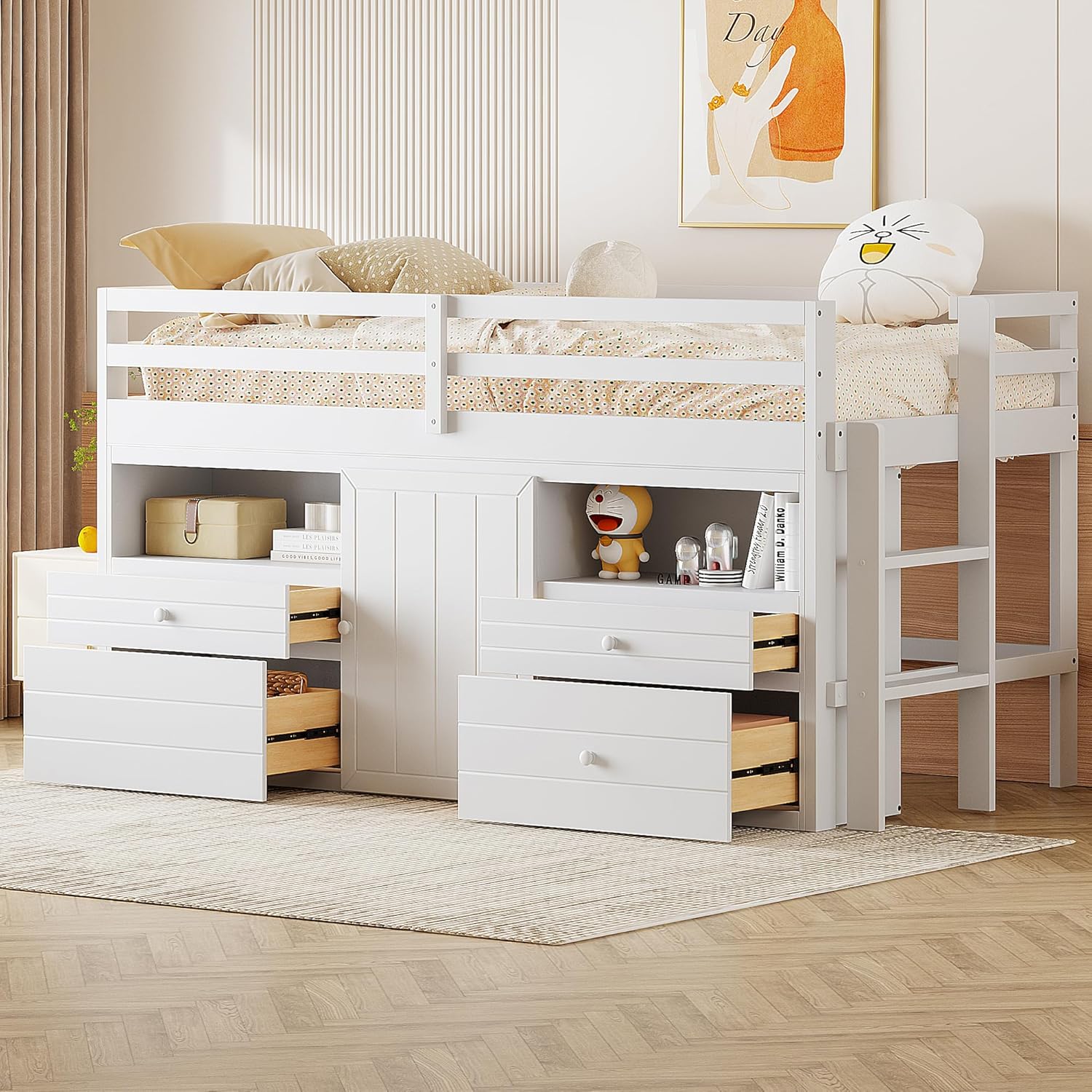 Twin Size Kids Loft Bed with Storage, Wooden Frame with Drawers and Ladder, White Q147