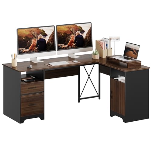 Bestier L Shaped Desk with File Drawers, 63" x 47" Office Computer Desk, Gray L48241