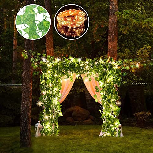 Fake Vines for Room Decor Artificial Ivy Garland with 100 LED String Light Hanging Plants Faux Greenery Leaves Bedroom Aesthetic Decor for Home Garden Wall Wedding (6Pack with 100LED) S98010
