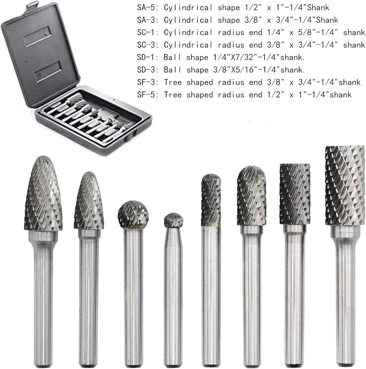 Carbide Rotary Burr Set 1/4'' Shank, 8PCS Double Cut Die Grinder Bits X466434