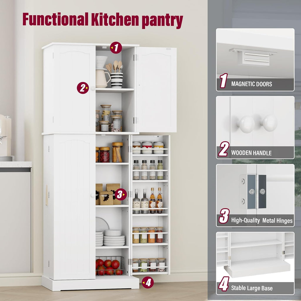 HOME BI 64" Kitchen Pantry Cabinet, Freestanding with Doors and Shelves, White E794