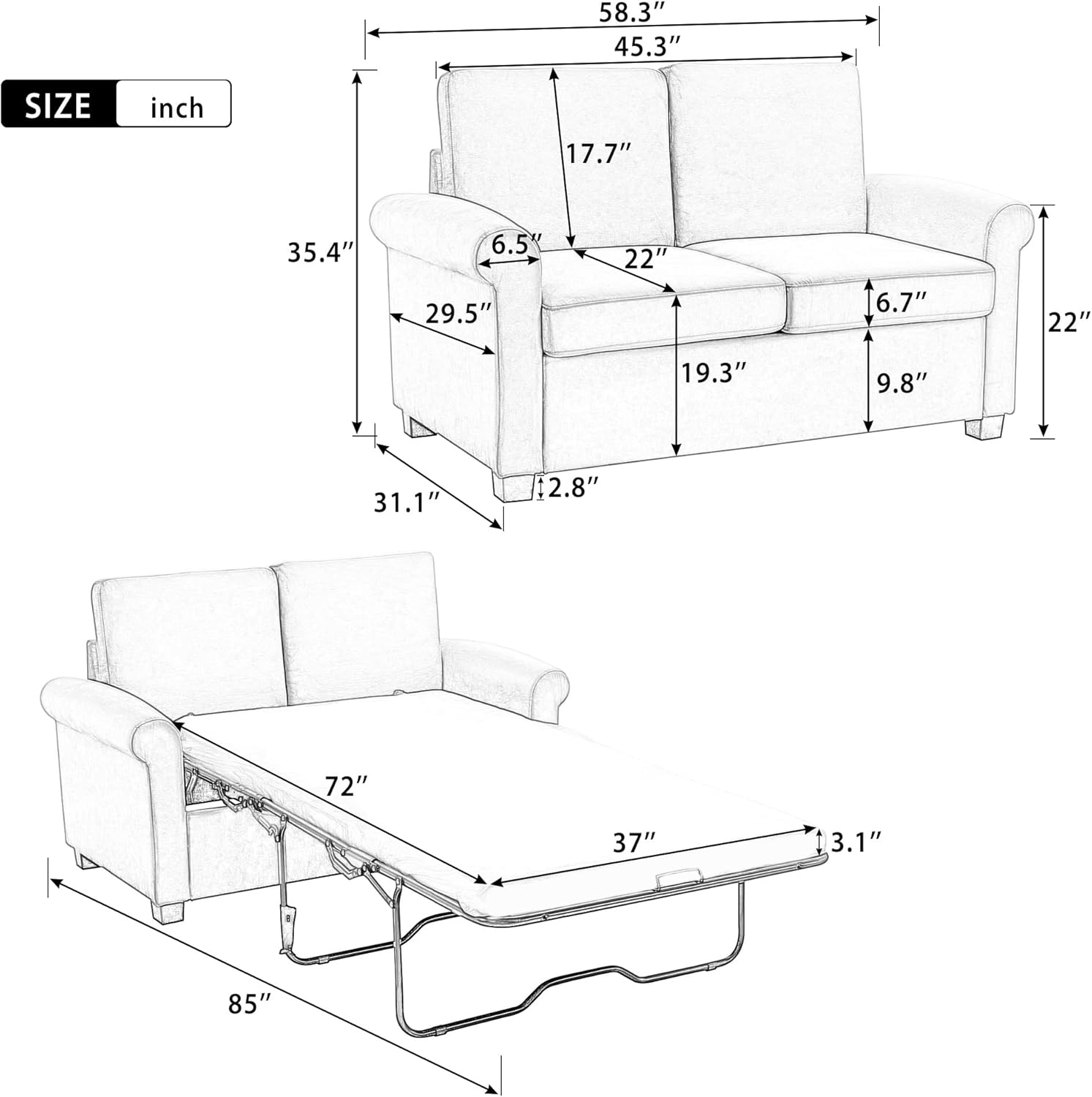 58.3" Pull Out Sofa Bed with Twin Mattress Pad, 2-in-1 Loveseat Sleeper, Beige White Y747