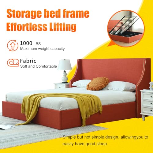 Queen Size Hydraulic Lift Bed with Wing Back Headboard, Ocher S368091