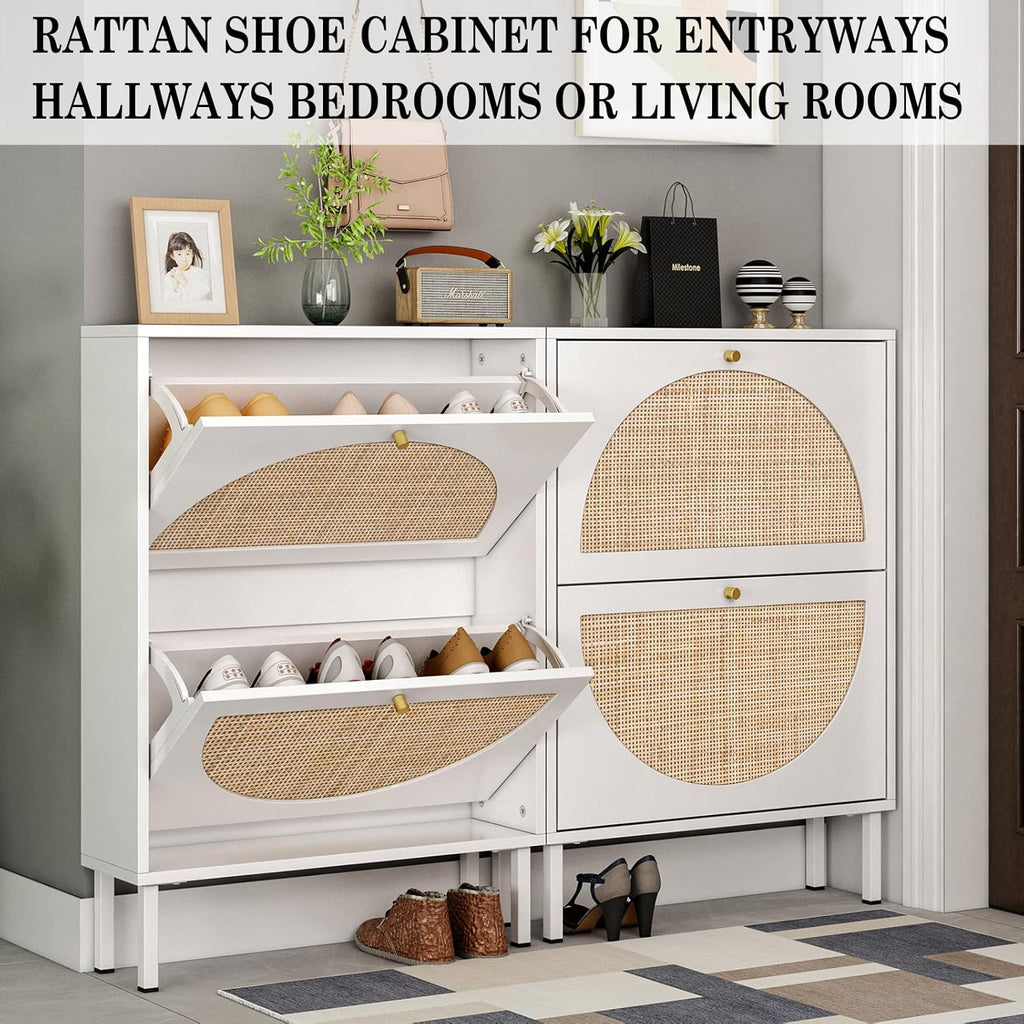 Yoluckea Rattan Shoe Cabinet with 2 Flip Drawers, White X3688