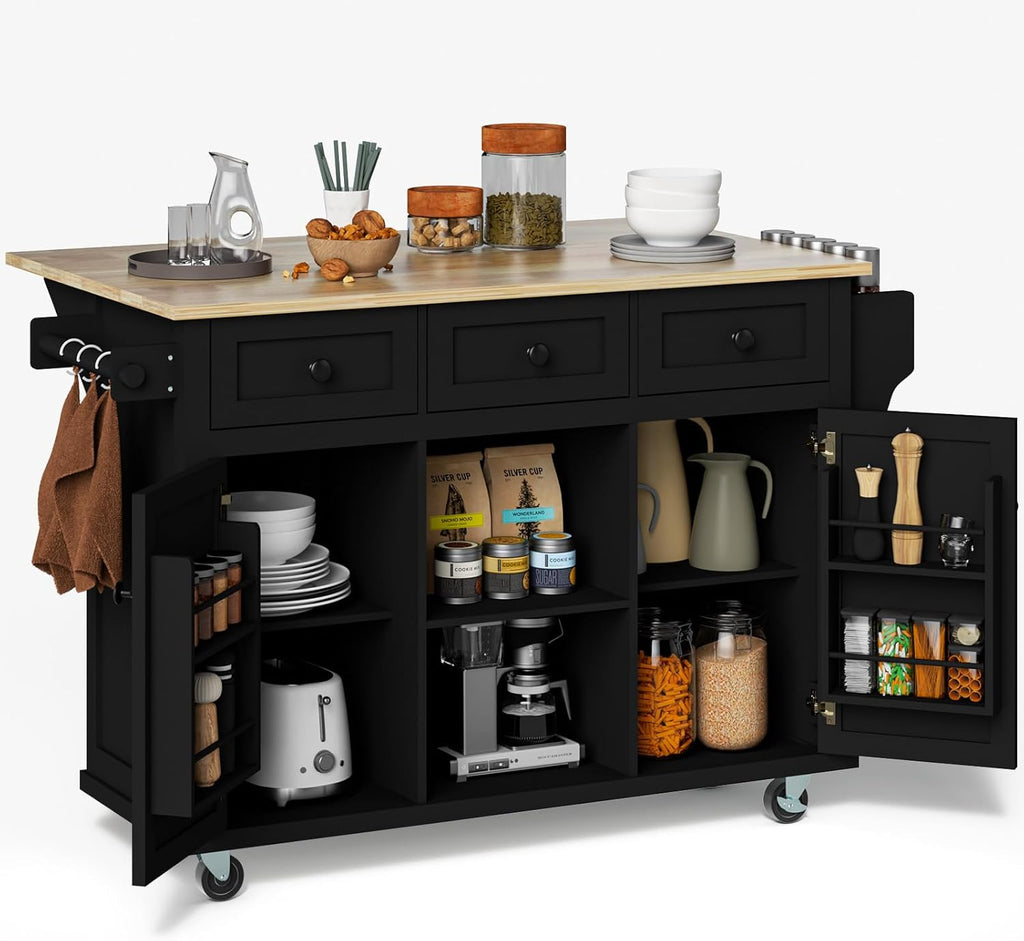 Rolling Kitchen Island with Drop Leaf Rolling Mobile Kitchen Island with Storage 53in Wood Portable Island for Kitchen,with Drawer and Storage Cabinet, Spice Rack, Towel Rack, Black