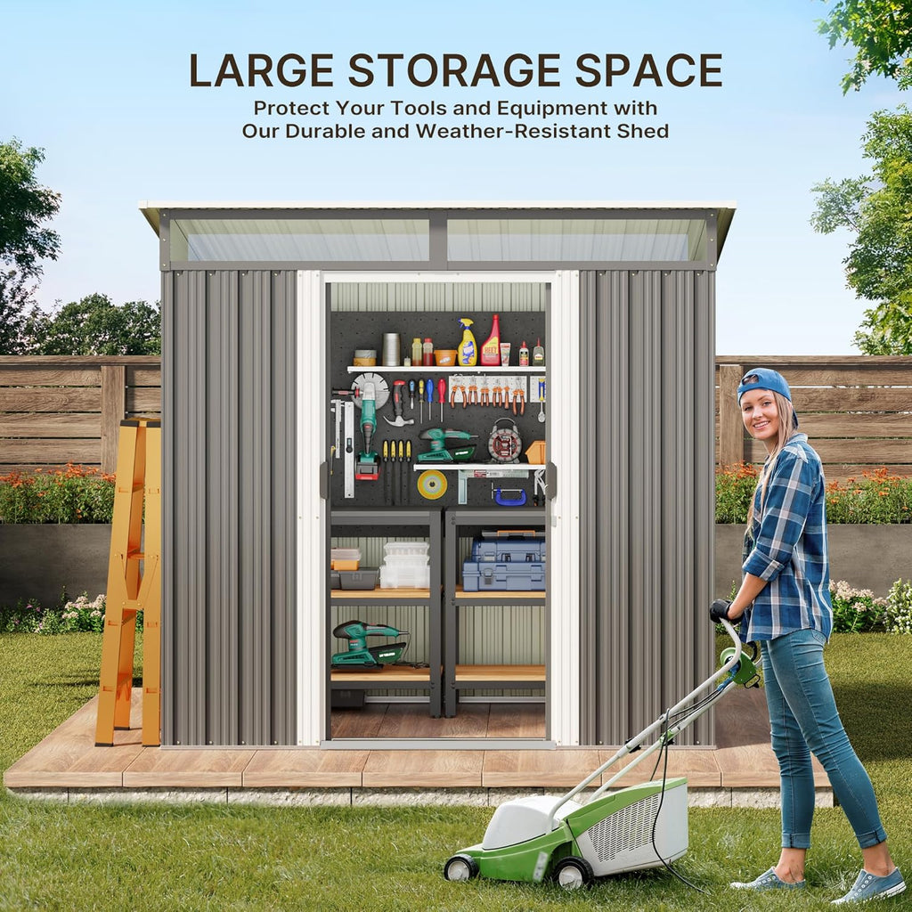 Gizoon 6' x 4' Outdoor Storage Shed with Sliding Doors, Metal with Anchors, Dark Gray C218669
