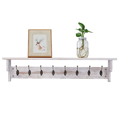 35" Wall Mount Coat Rack with Shelf, Rustic Wooden Entryway Organizer, White B979806