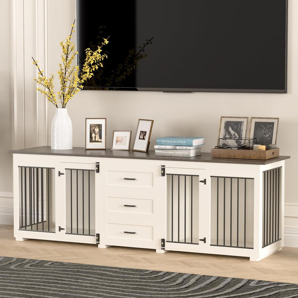 Large Dog Crate Furniture for 2 Dogs, Wooden Double Kennel with 3 Drawers, White Z887