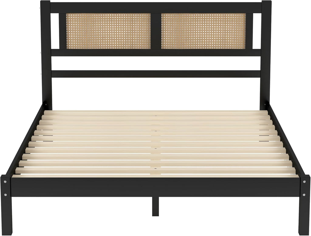 Queen Size Wooden Platform Bed with Rattan Headboard Black C842062