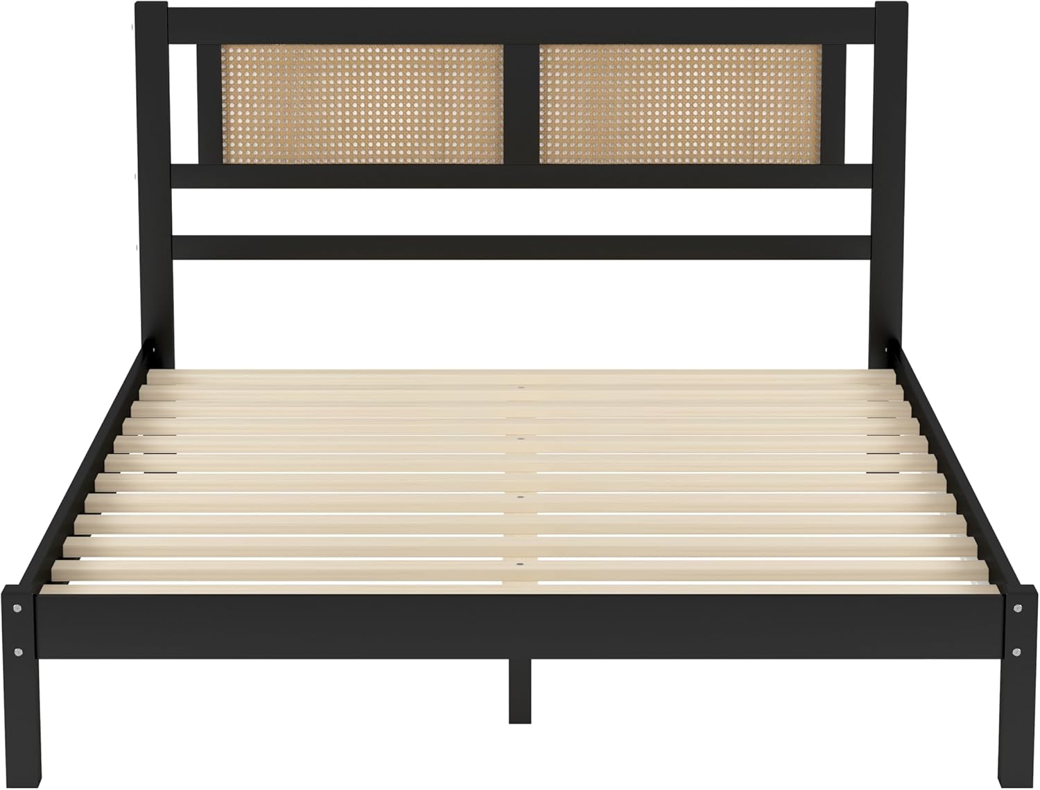 Queen Size Wooden Platform Bed with Rattan Headboard Black C842062
