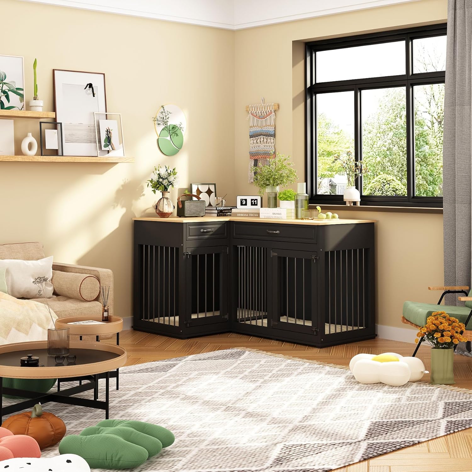 Large Corner Dog Crate Furniture for 2 Dogs, 51" Wooden Kennel with Double Rooms, Black A4644
