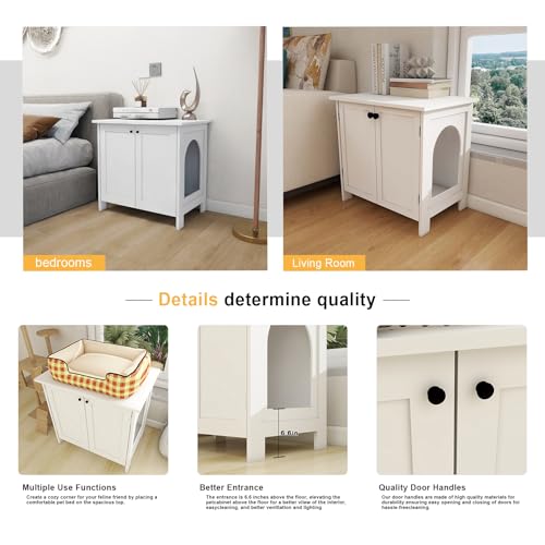 Cat Litter Box Furniture with Removable Divider, Wooden Cat House (White) D8688