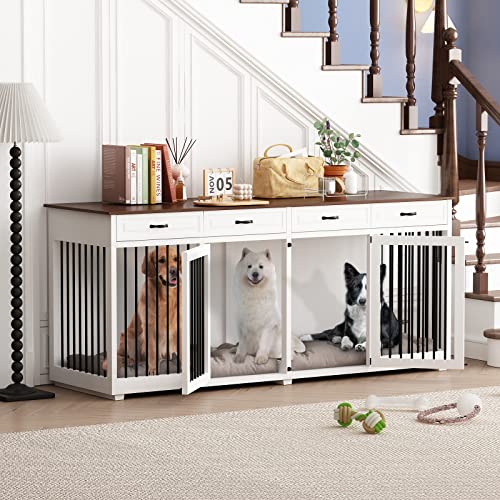 Large Dog Crate Furniture 86.6 Inch Wooden Kennel with Drawers & Divider, White E22647