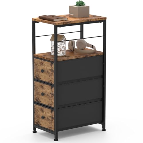 YBING Narrow Side Table for Small Spaces, Slim Dresser with Open Shelves, Slim Bedside Table for Bedroom, Small Storage Cabinet with 3 Fabric Drawers, Black