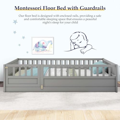 Full Floor Bed with Safety Guardrails for Kids, White A498