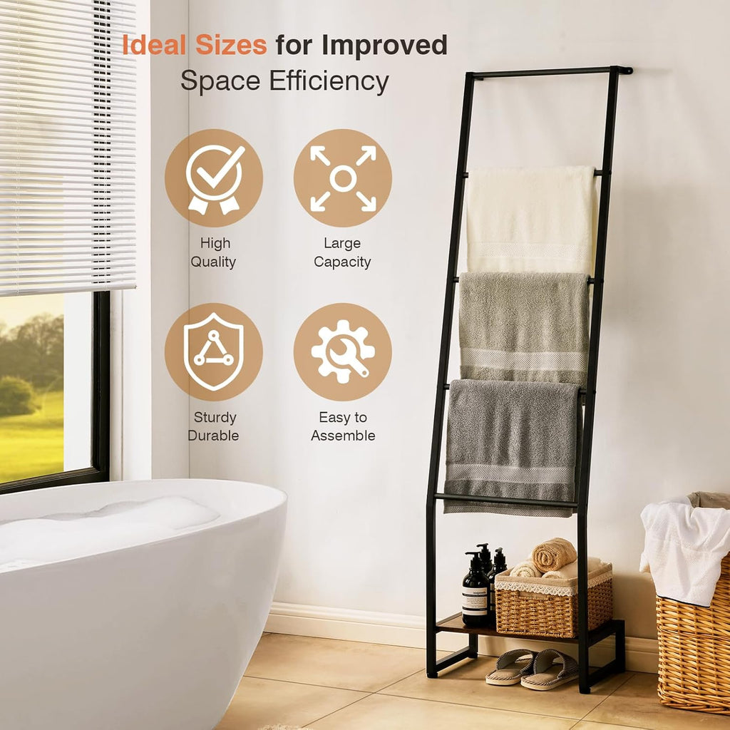 5 Tier Wooden Blanket Ladder for Living Room Bedroom Storage, Rustic Brown and Black R86079