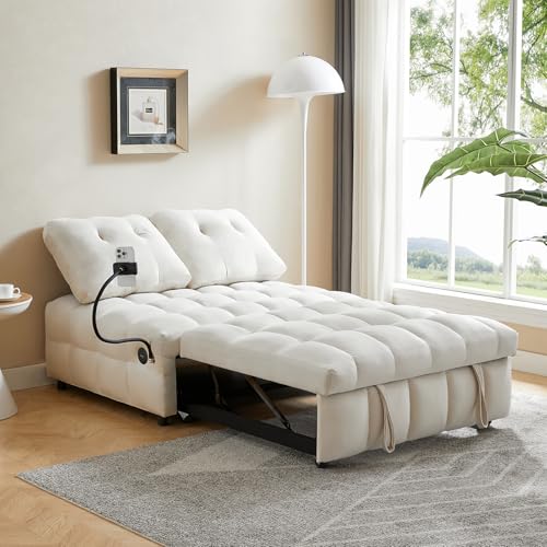 48" Convertible Sleeper Sofa Couch Bed,3-in-1 Velvet Tufted Pull Out Couch with USB&Type-C Charge Ports and Phone Holders,Comfy Modern Loveseat Sleeper Chaise Lounge for Living Room,Small Space(Grey)