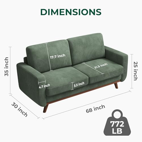 Vesgantti 68" Loveseat Sofa Green Corduroy Couch with Spring Cushion S558