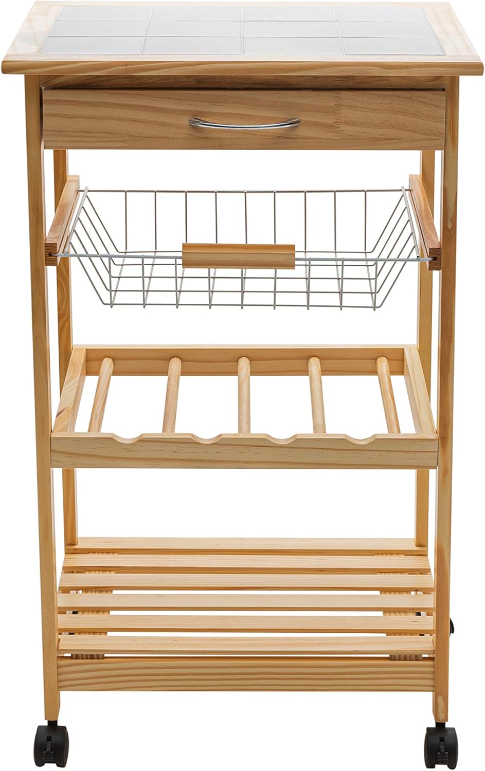 Natural Pinewood Mobile Kitchen Cart with Tile Top, Light Tan C8472