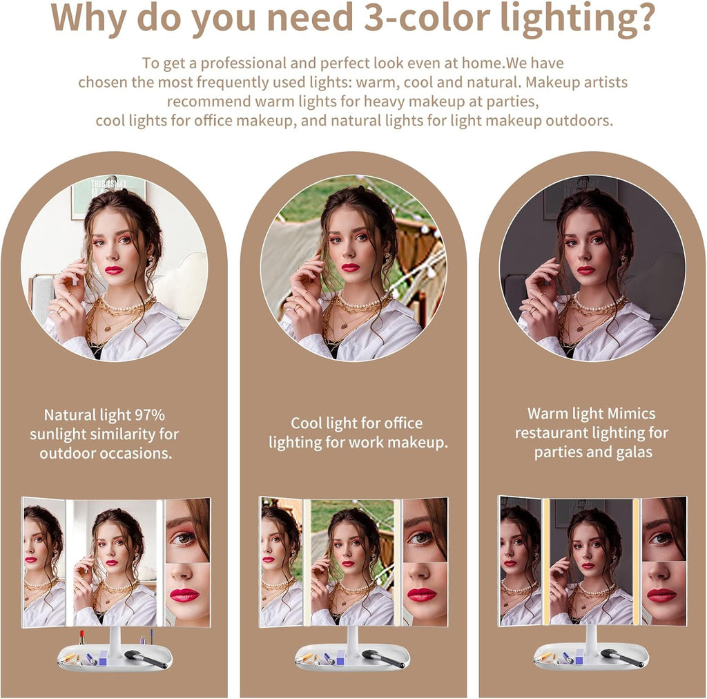 Makeup Vanity Mirror with Lights, 3 Color Modes, 1X 2X 3X Magnification J883