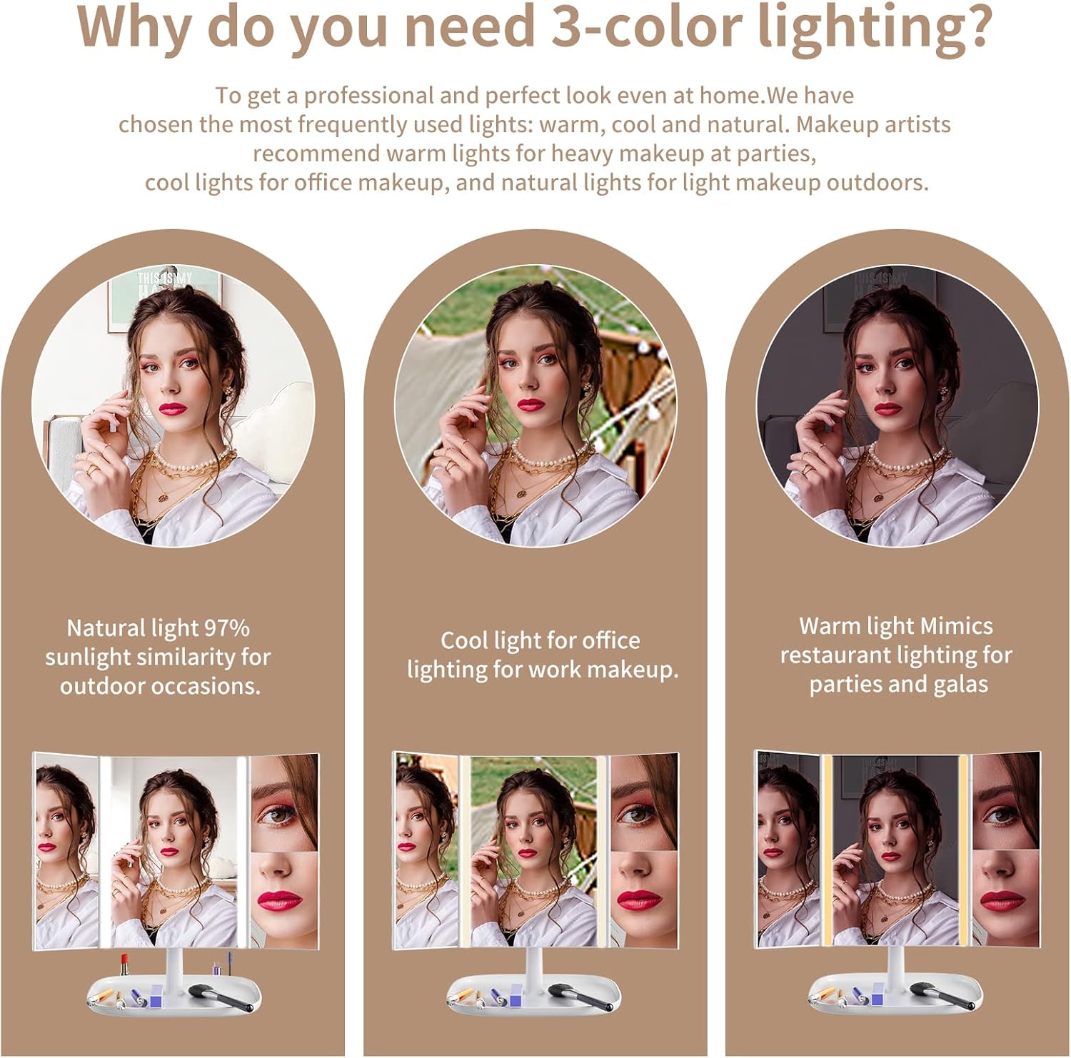 Makeup Vanity Mirror with Lights, 3 Color Modes, 1X 2X 3X Magnification J883