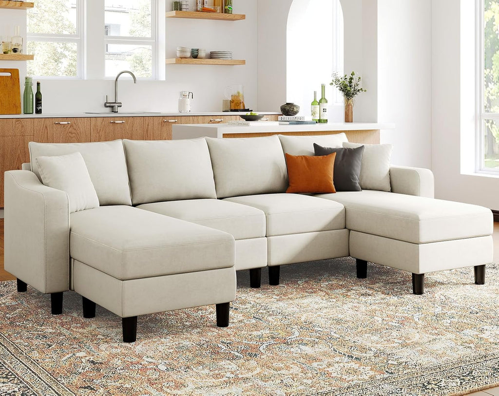 Belffin U Shaped Sectional Sofa Velvet with Reversible Chaises and Ottomans, Beige P2819