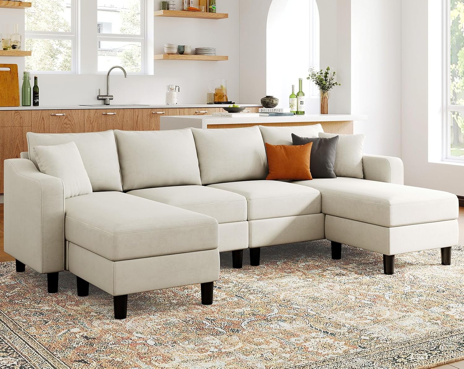 Belffin U Shaped Sectional Sofa Velvet with Reversible Chaises and Ottomans, Beige P2819