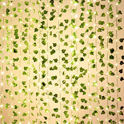 Fake Vines for Room Decor Artificial Ivy Garland with 100 LED String Light Hanging Plants Faux Greenery Leaves Bedroom Aesthetic Decor for Home Garden Wall Wedding（6Pack with 100LED）