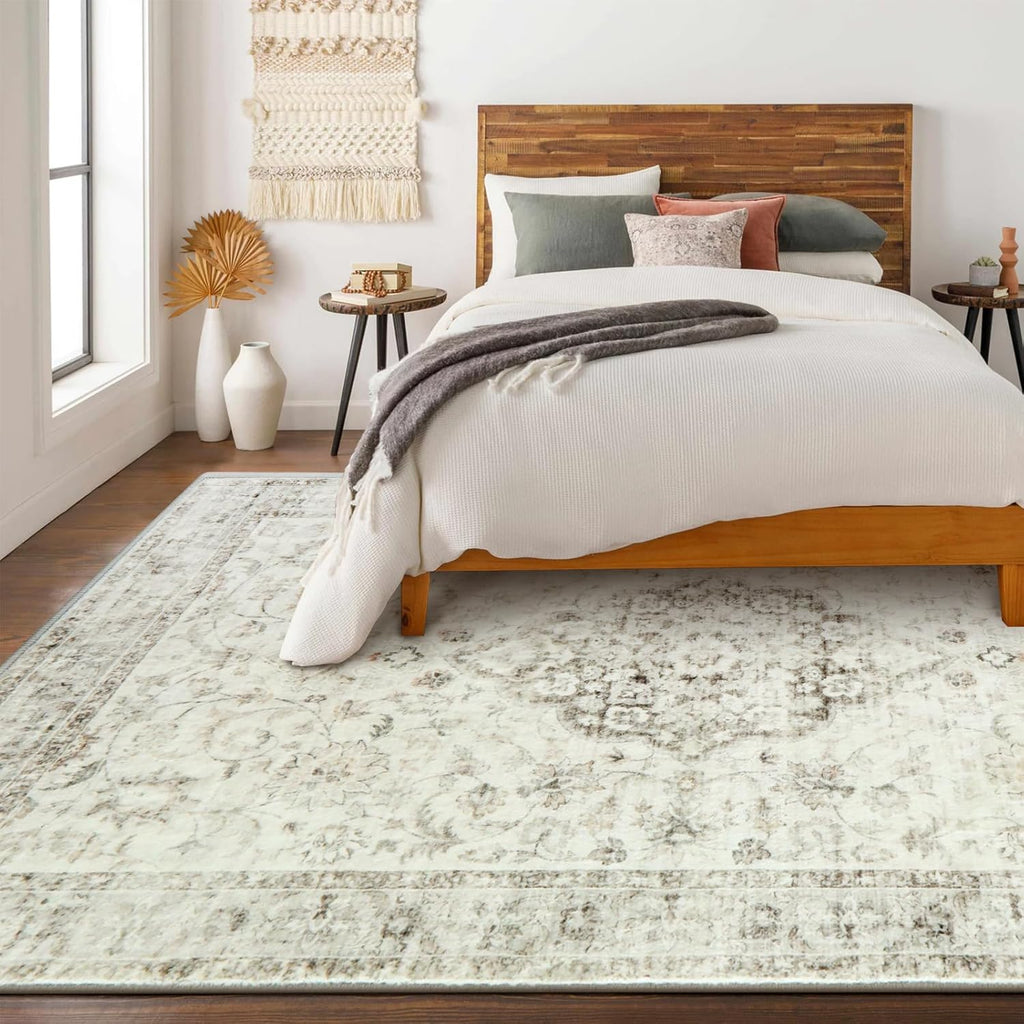 LIVEBOX Machine Washable Area Rug 8x10 Non-Slip Retro Medallion Taupe K3551