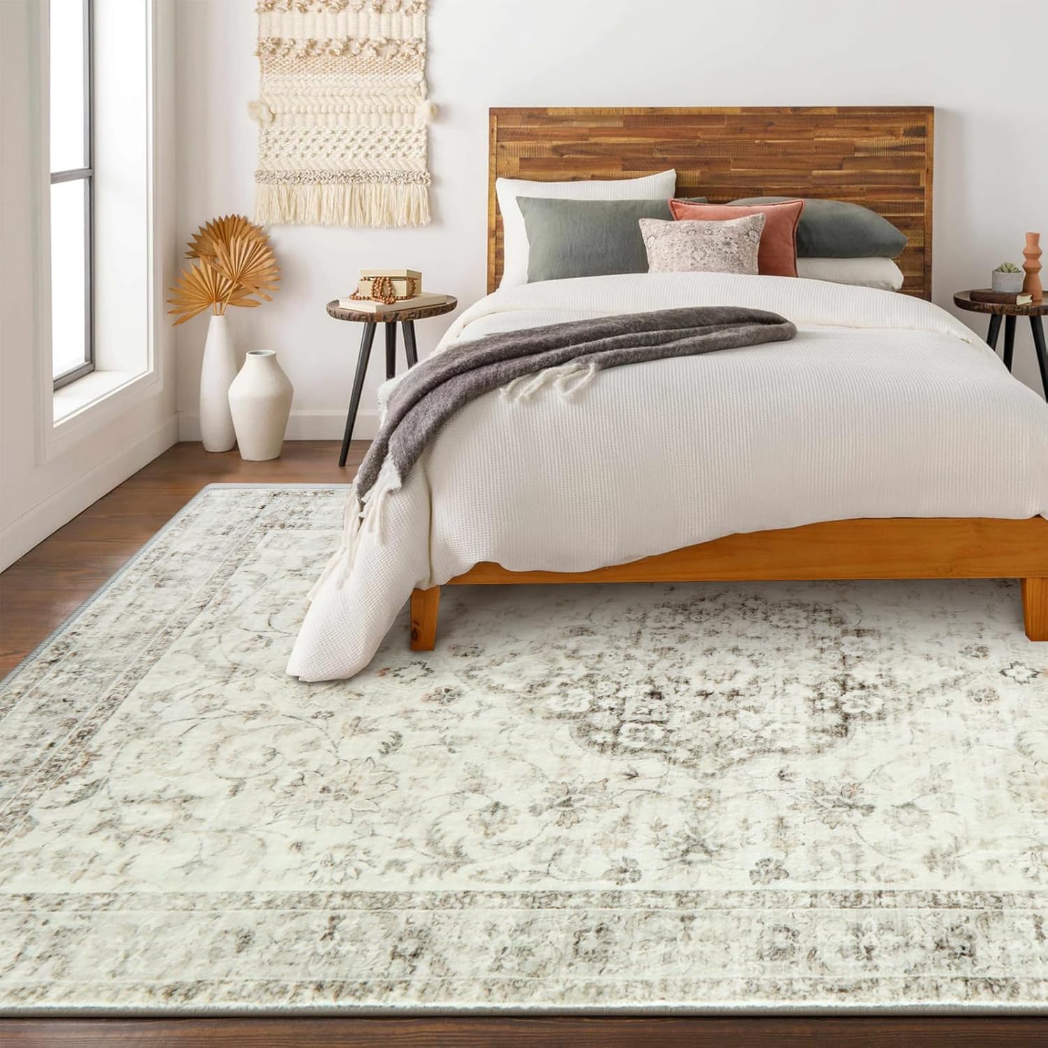 LIVEBOX Machine Washable Area Rug 8x10 Non-Slip Retro Medallion Taupe K3551