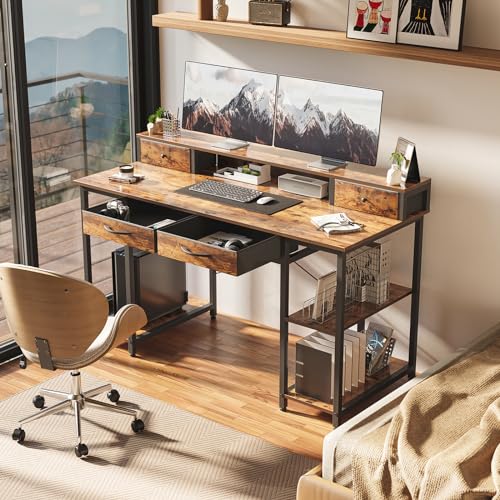 Treesland 55 Inch Computer Desk with Monitor Shelf and 4 Drawers, Brown H215288