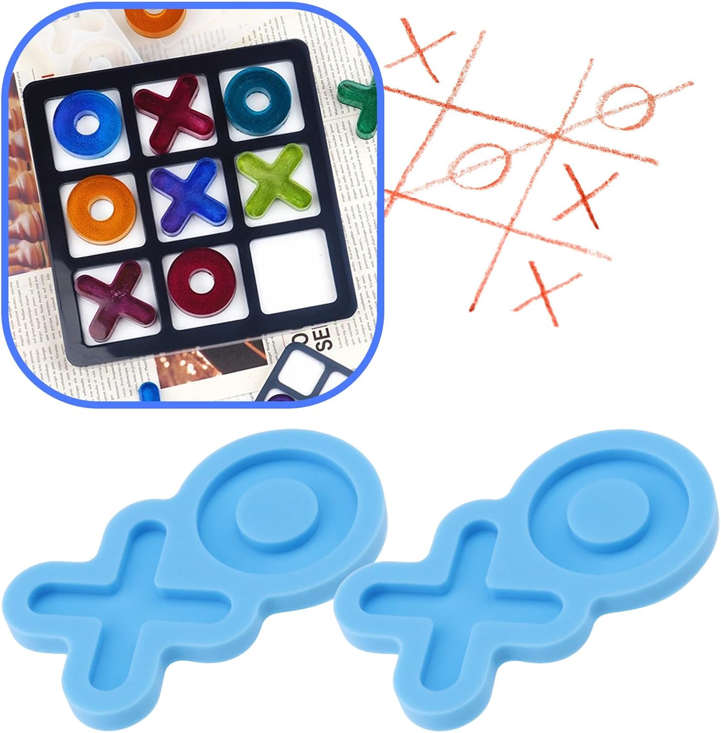 eMagTech 5Pcs Tabletop Board Game Silicone Moulds Tic Tac Toe Resin Casting DIY Blue P758109