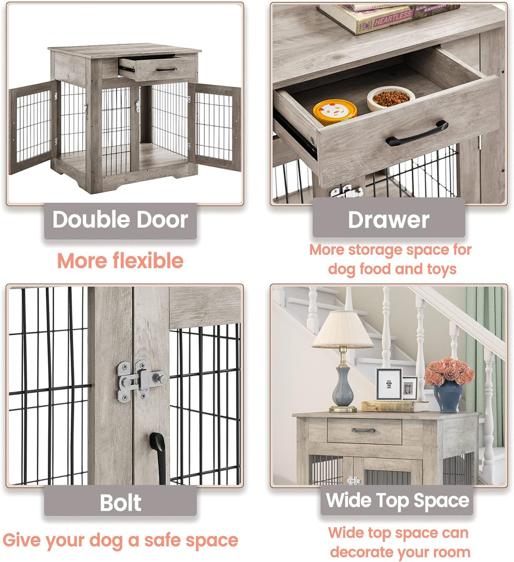 Furniture Style Dog Crate End Table with Drawer, Double Doors, Gray A21004