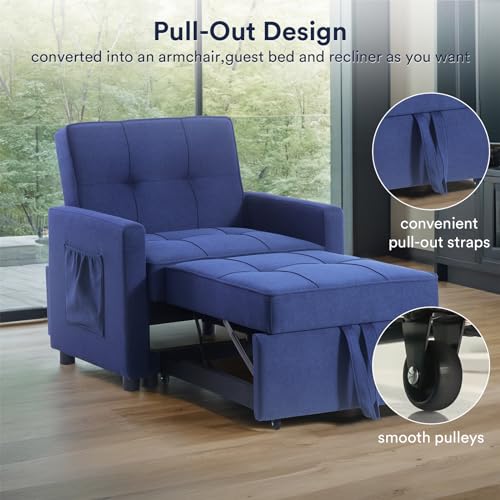 3 in 1 Convertible Sleeper Sofa Bed with 2 Pillows, Blue Y62815